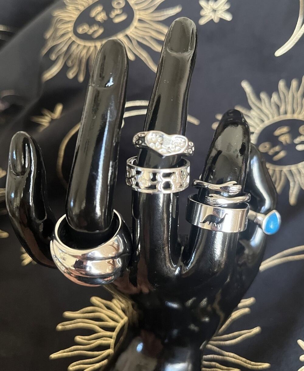 Vintage-Modern Silver Costume Jewelry Rings Dino Heart Floral Hug Lot Of 6